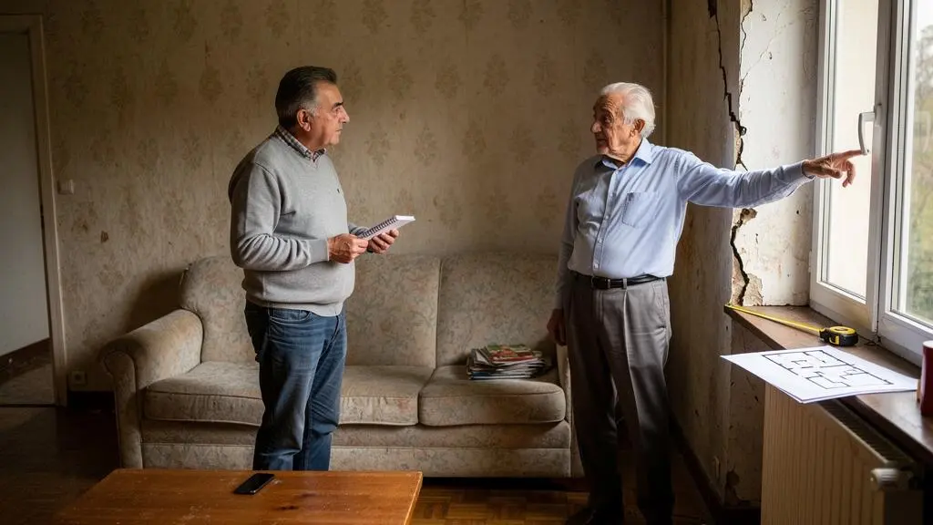 Un acheteur muni d'un carnet examine avec le vendeur une fissure près d'une fenêtre lors d'une visite de maison mise en vente.