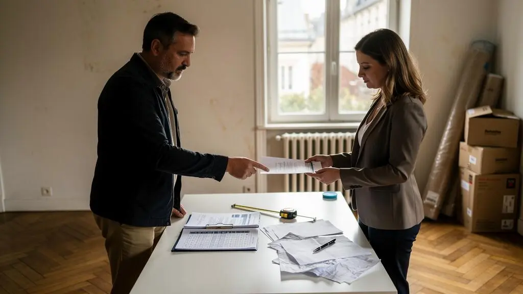 Un acheteur remet un dossier d'offre écrit à un agent immobilier lors d'une visite d'appartement, des documents de prix posés sur la table.