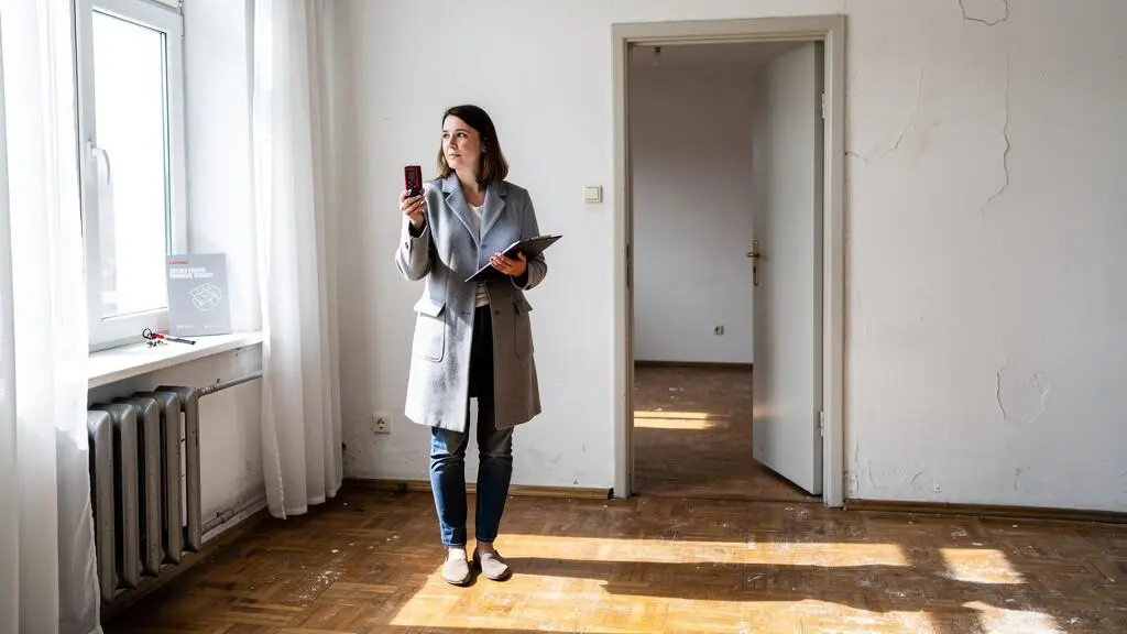 Une acheteuse mesure une pièce avec un télémètre laser lors de la visite d'un appartement vide et lumineux.