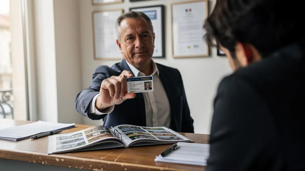 Un agent immobilier présente sa carte professionnelle à un client au comptoir de l'agence