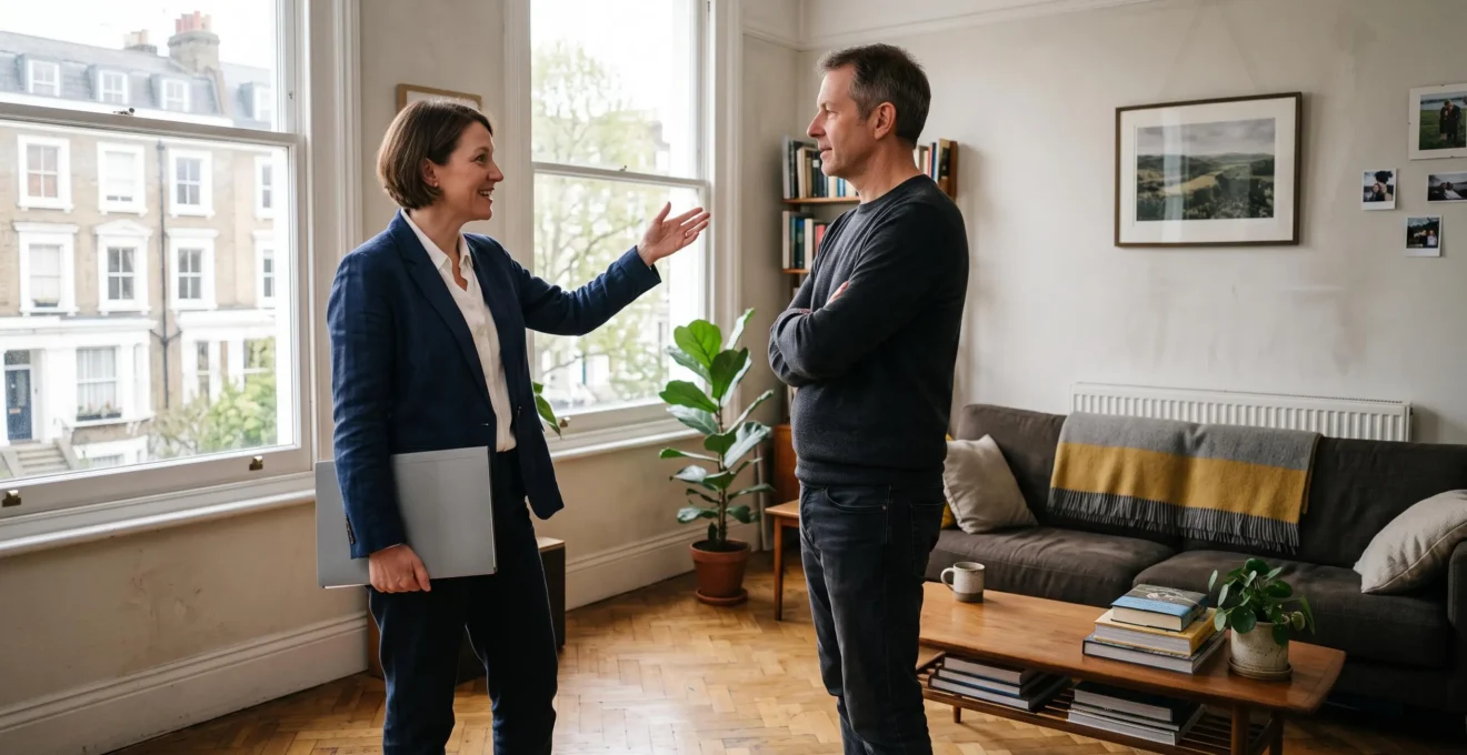 Une agent immobilier discute avec le vendeur d'un appartement en lui expliquant les caractéristiques du bien dans le salon.