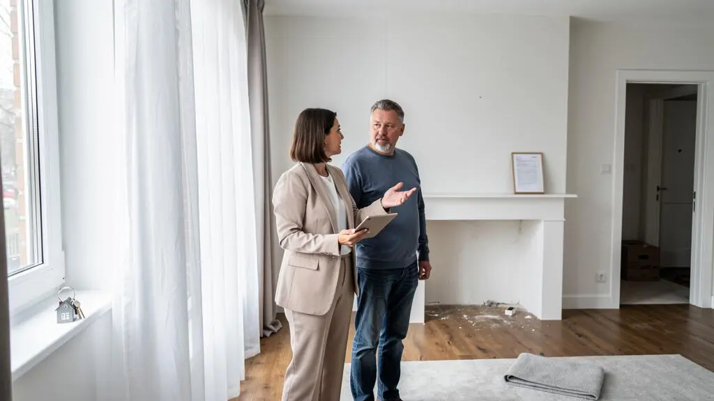 Un agent immobilier et un vendeur discutent dans un appartement lumineux mis en vente, près des grandes fenêtres.