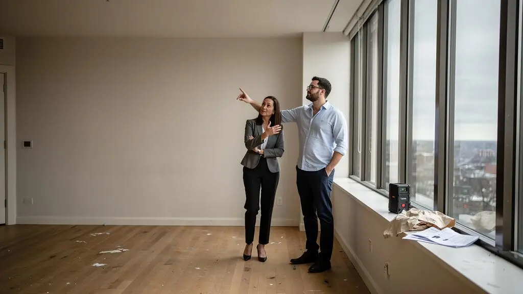 Un agent immobilier fait visiter un appartement à un acheteur qui examine la pièce pendant qu'ils échangent sur le bien.