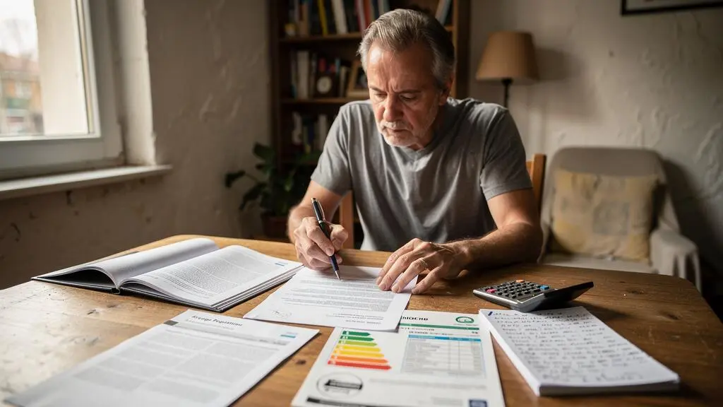 Un propriétaire bailleur vérifie une ligne de son contrat de location à sa table, entouré du dossier de diagnostics techniques et de notes manuscrites.