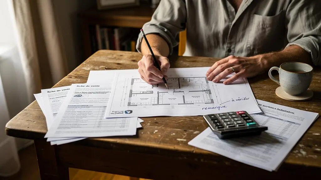 Une personne annote un plan d'appartement imprimé avec un crayon et une calculatrice, entourée de fiches de ventes comparables posées sur une table.