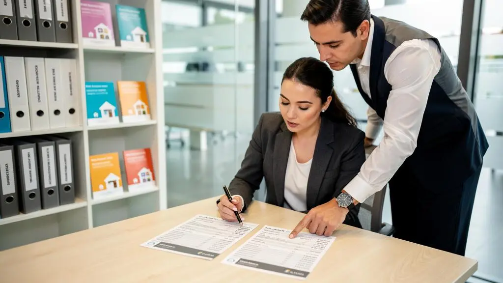 Femme comparant ligne par ligne deux devis de prestation immobilière posés côte à côte sur une table d'agence, guidée par un conseiller qui désigne une rubrique précise