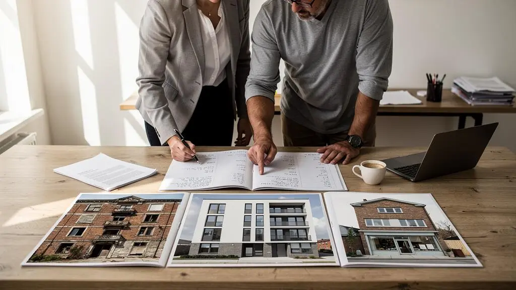 Un investisseur immobilier et un conseiller comparent des dossiers de biens de typologies différentes sur une table de bureau.