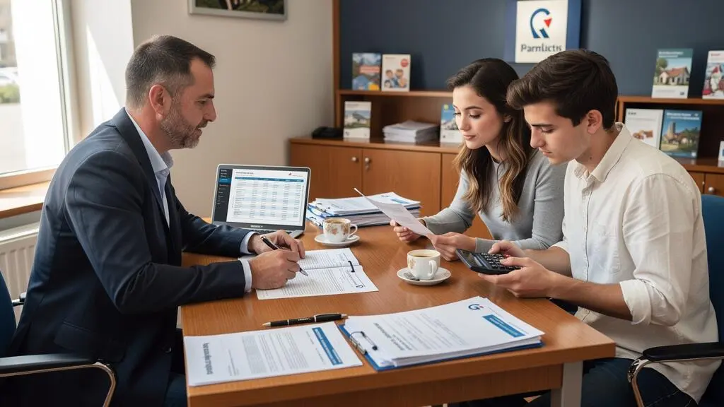 Un conseiller bancaire présente un plan de financement à un jeune couple assis en face de lui, documents et calculateur sur le bureau.
