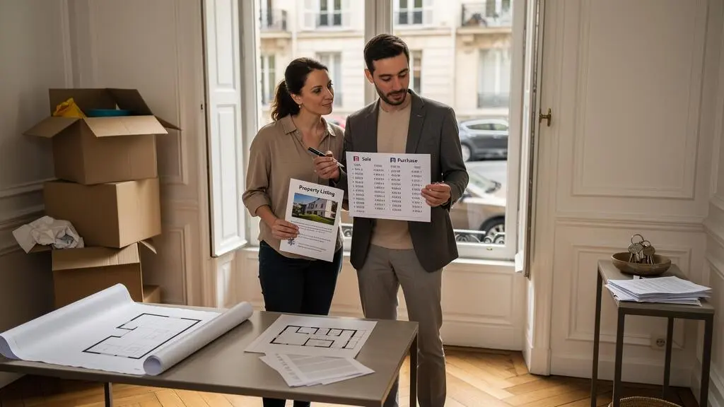 Un couple propriétaire et un agent immobilier comparent des documents de vente et d'achat dans un appartement lumineux en cours de mise en vente.