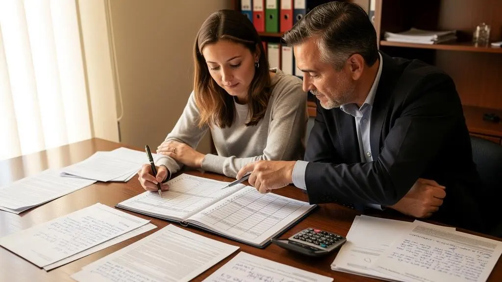 Un notaire explique une ligne d'un document de prêt immobilier à un couple appuyé sur des offres comparées au calculateur posé sur le bureau.