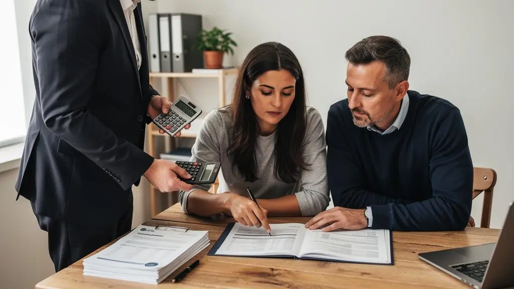 Un couple examine un dossier de simulation de prêt avec un conseiller qui pointe une ligne du document.