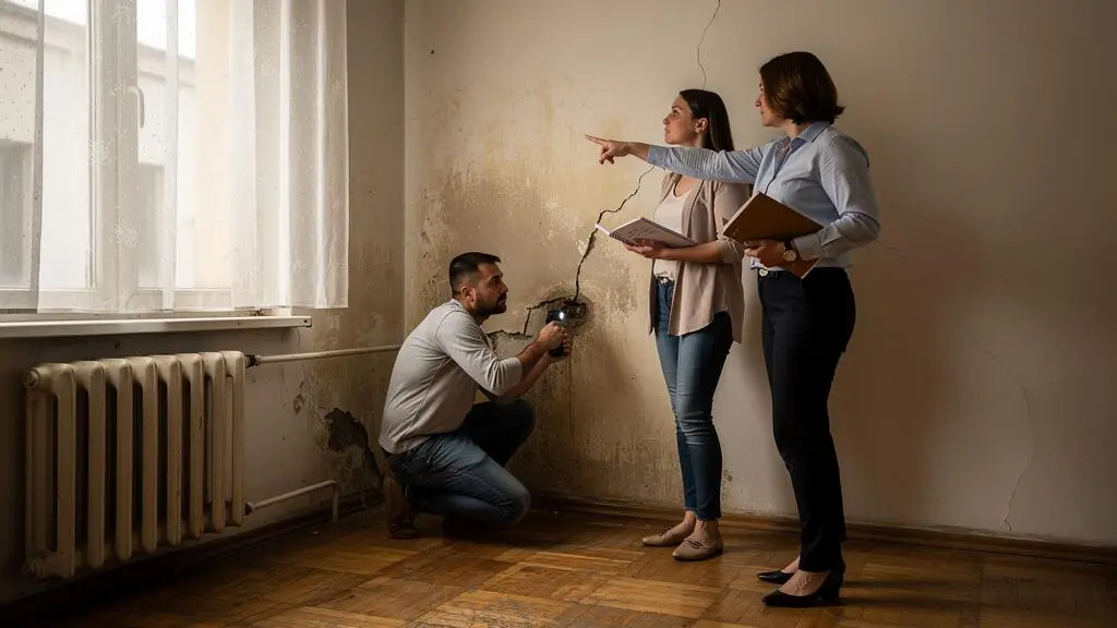 Un couple visite un appartement vide et inspecte un défaut sur un mur pendant que l'agent immobilier leur indique le détail.