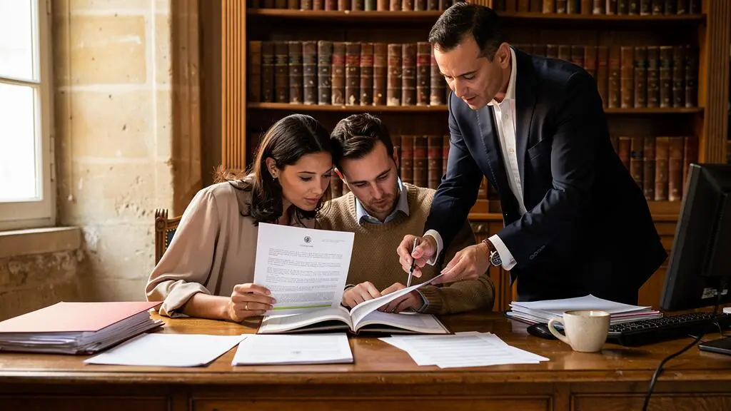 Un couple lisant un contrat immobilier avec un notaire dans une étude, ce dernier désignant une clause du document