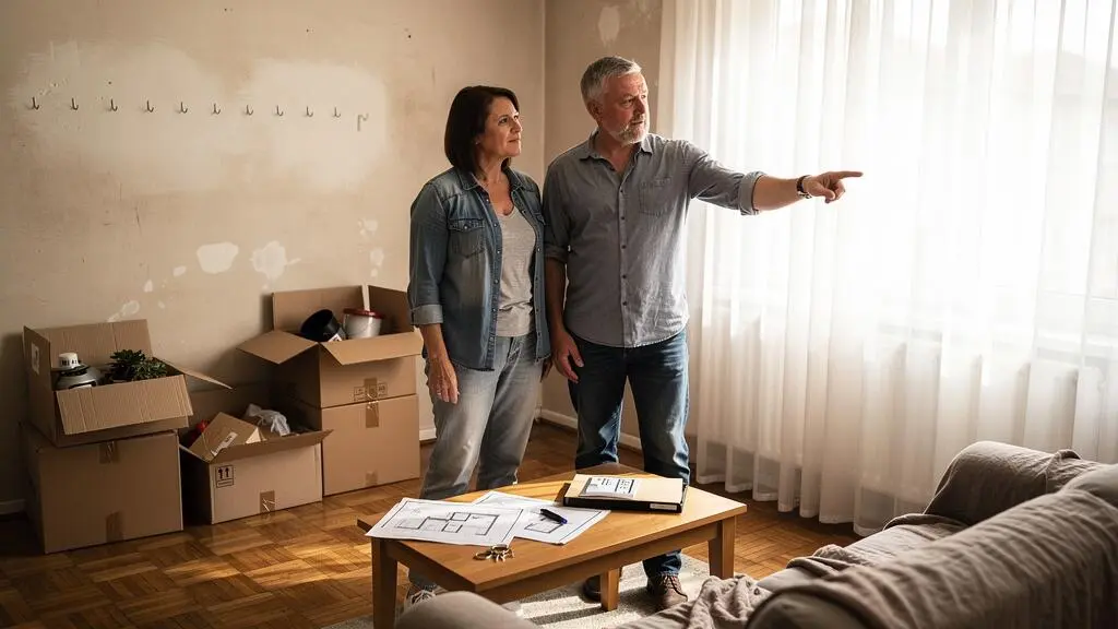 Un couple discute dans son salon en cartons, autour d'un dossier de vente et des clés de son logement qu'il prépare à mettre en vente.