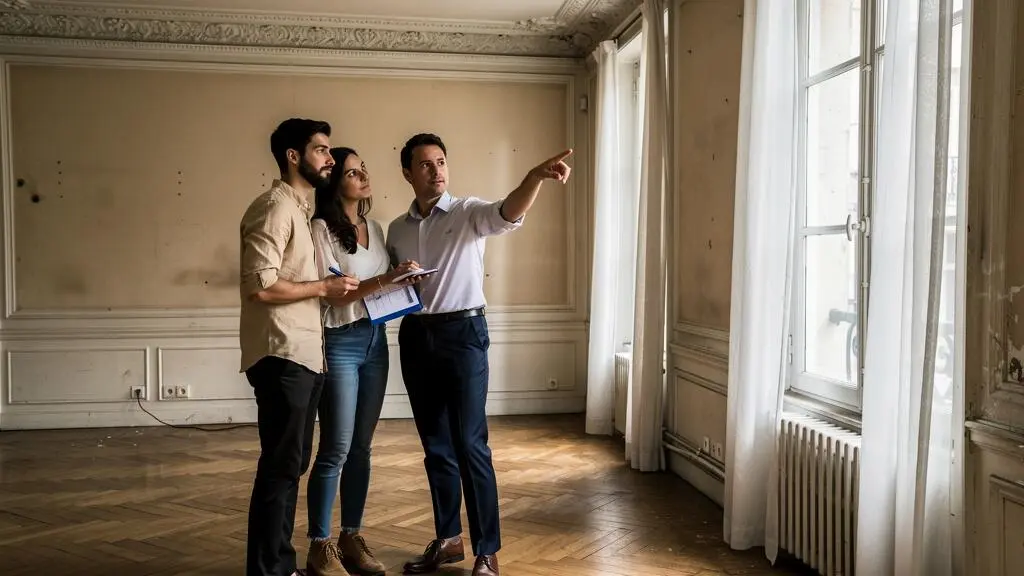 Un couple visite le salon vide d'un appartement ancien accompagné d'un agent immobilier qui pointe un élément de la pièce.