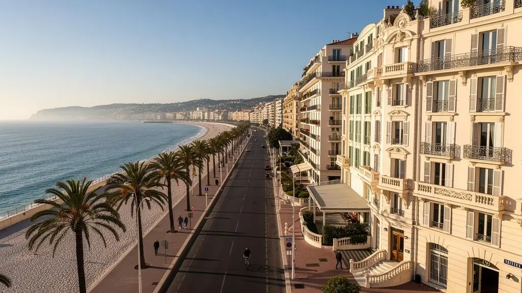 Vue sur le boulevard de La Croisette à Cannes avec ses palmiers, ses résidences bordant la mer et quelques passants
