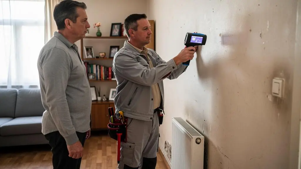 Un diagnostiqueur immobilier mesure un mur avec un appareil de détection pendant qu'un propriétaire observe l'inspection dans un logement.
