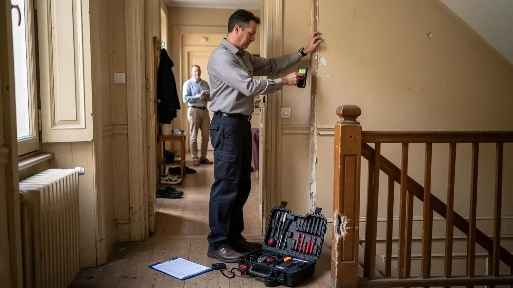 Un diagnostiqueur mesure un mur avec un appareil portatif dans un appartement lors d'un contrôle immobilier.