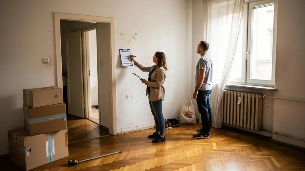 Un propriétaire et un locataire effectuent ensemble l'état des lieux d'entrée d'un appartement vide lors de la remise des clés.