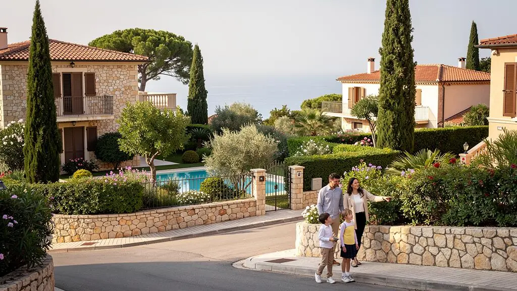 Une famille avec deux enfants marche sur une rue résidentielle en pente bordée de villas et de jardins dans un quartier en hauteur.