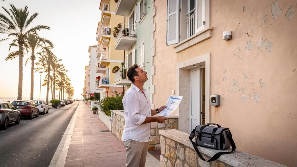 Un investisseur examine la façade d'un petit immeuble résidentiel en bord de mer, un document de performance locative en main, près d'un appartement équipé pour la location saisonnière.