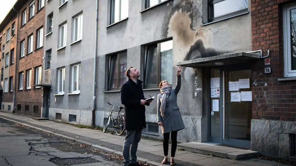Un investisseur note ses observations devant un immeuble résidentiel pendant une visite d'accompagnée par un agent immobilier qui pointe un détail de la façade.