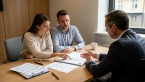 Un couple négocie les conditions de son prêt immobilier avec un conseiller bancaire autour de plusieurs offres écrites posées sur un bureau.