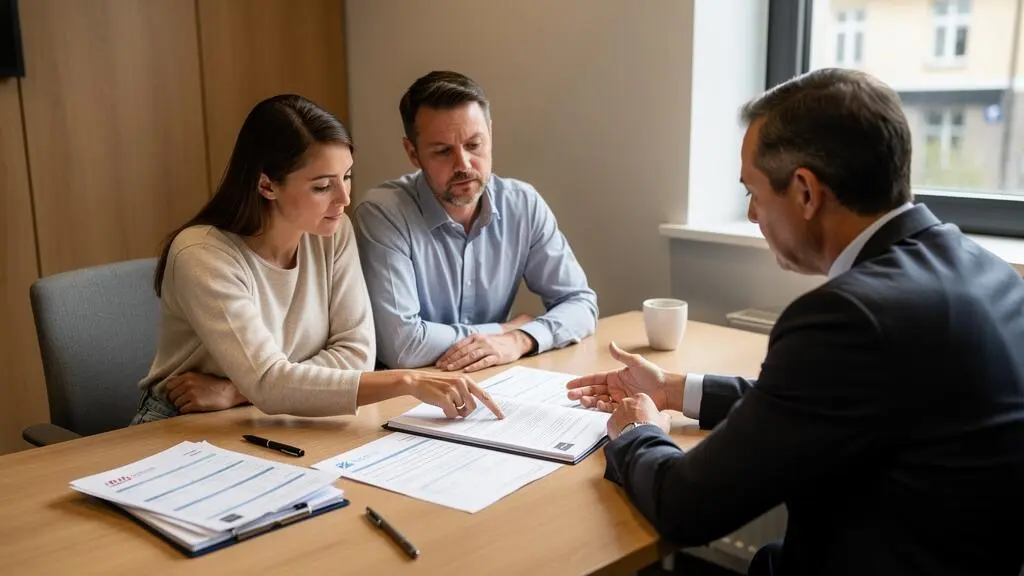 Un couple négocie les conditions de son prêt immobilier avec un conseiller bancaire autour de plusieurs offres écrites posées sur un bureau.