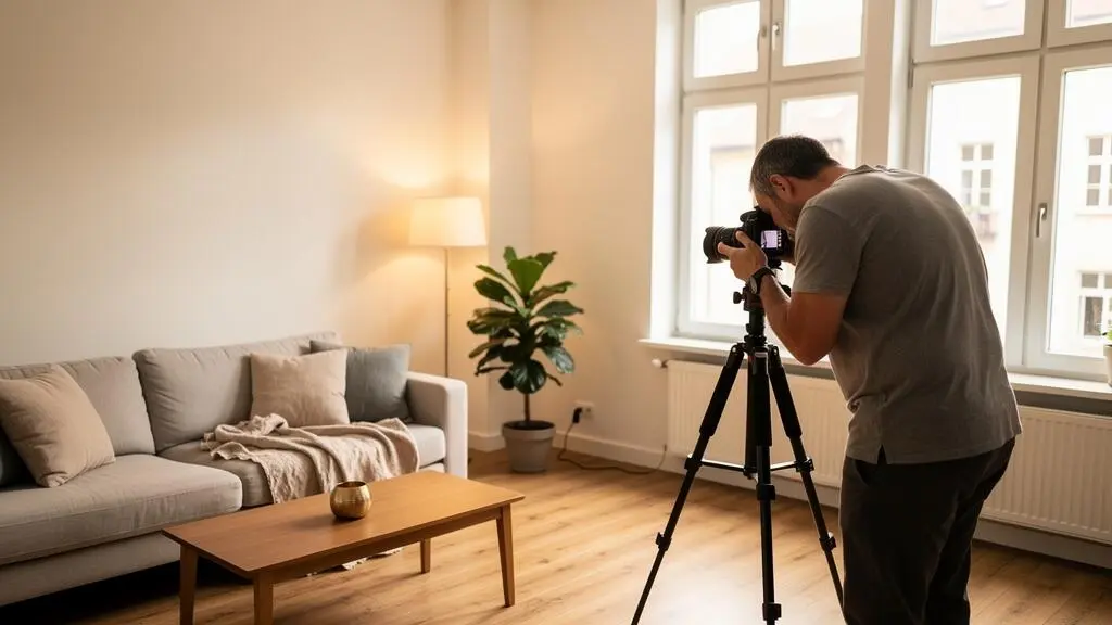 Un photographe prend en photo le salon lumineux d'un appartement préparé pour la vente immobilière.