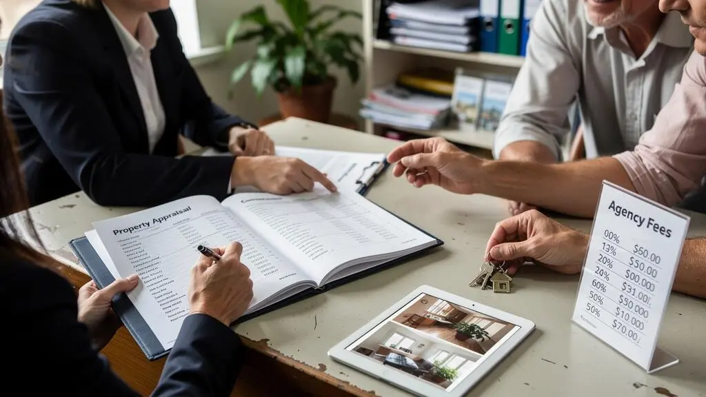 Un agent immobilier présente un dossier d'estimation et un barème d'honoraires à un couple de vendeurs assis à la table d'une agence.