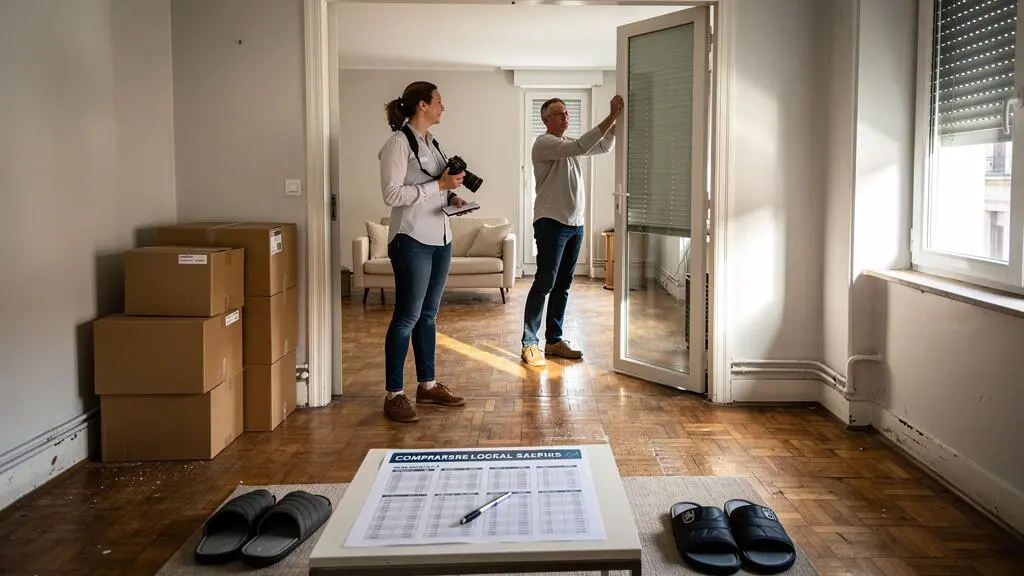 Un propriétaire et un agent immobilier préparent un appartement vide juste avant des visites, avec un relevé de prix comparables posé sur la table basse.