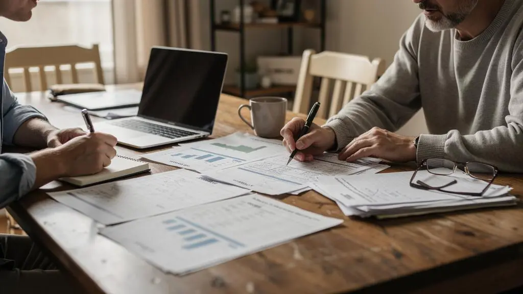 Un propriétaire et un agent immobilier comparent des annonces de ventes comparables imprimées autour d'une table afin de fixer un prix de vente.