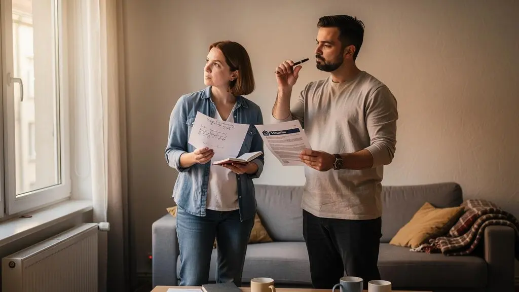 Un propriétaire et un agent immobilier comparent des documents d'estimation dans le salon d'un appartement en vente.