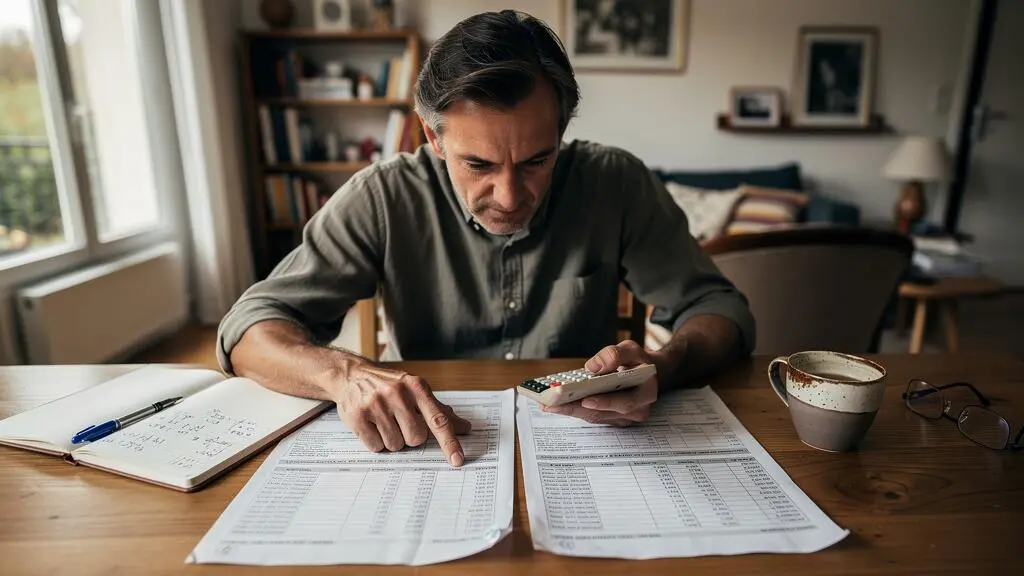 Un propriétaire compare deux offres de prêt immobilier imprimées avec une calculatrice posée sur une table en bois.