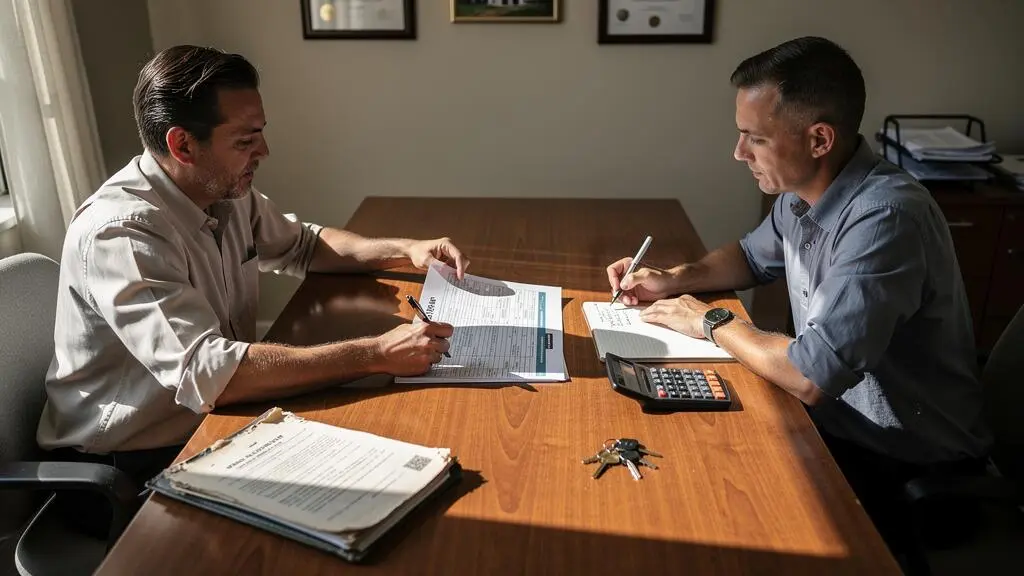 Un propriétaire compare un relevé de gestion locative avec un agent immobilier assis en face de lui dans un bureau d'agence.