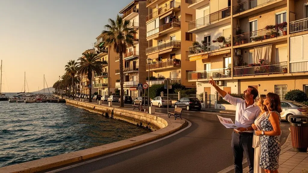 Un couple et un agent immobilier observent depuis le trottoir un immeuble d'habitations face à la mer dans un quartier côtier méditerranéen.