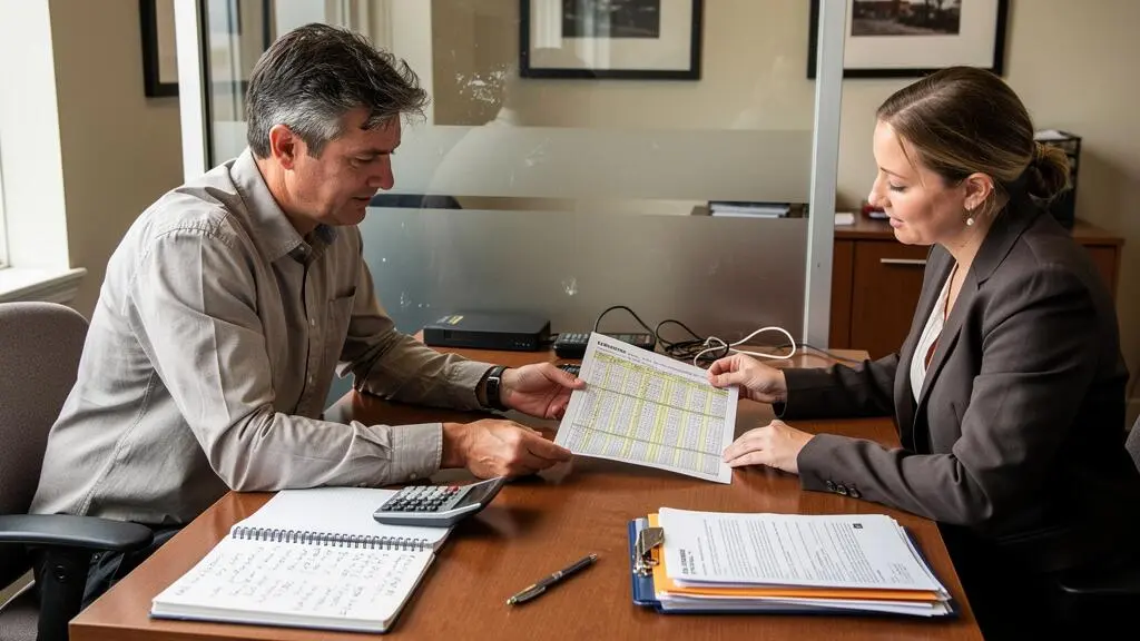 Un propriétaire présente une offre de prêt concurrente à un conseiller bancaire assis en face de lui, au-dessus d'un tableau d'amortissement posé sur le bureau.