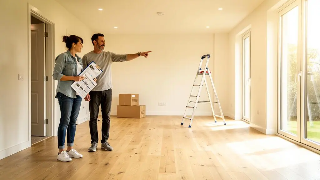Un couple de vendeurs examine des fiches d'annonce imprimées dans un salon lumineux et désencombré d'une maison en préparation de vente.