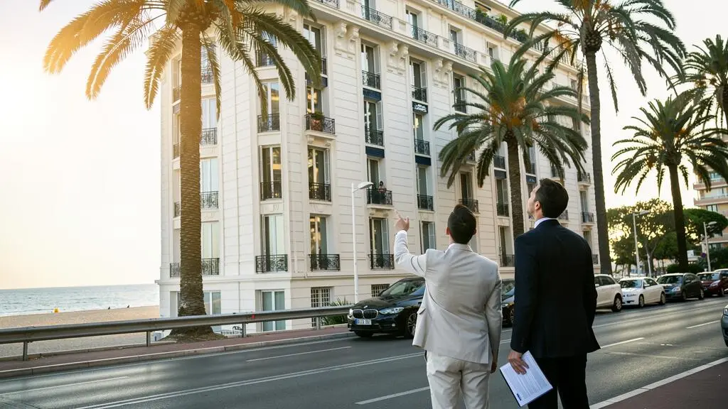 Un acheteur et un agent immobilier observent depuis le trottoir un immeuble de standing en bord de mer sur une promenade palmée de Cannes.