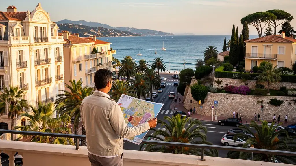 Une personne consulte un plan de la ville depuis un point de vue élevé face au front de mer et aux quartiers résidentiels en hauteur de Cannes.